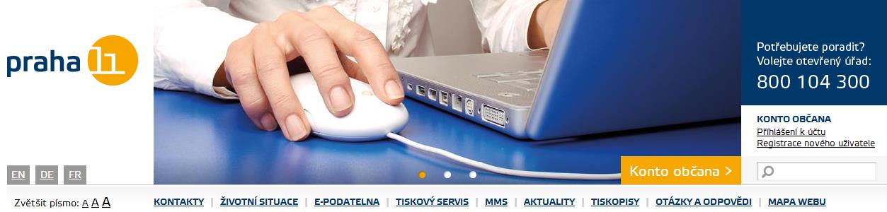 I. Registrace a přihlášení ke kontu občana V rámci webových stránek www.praha11.cz je dostupná služba Konto občana.