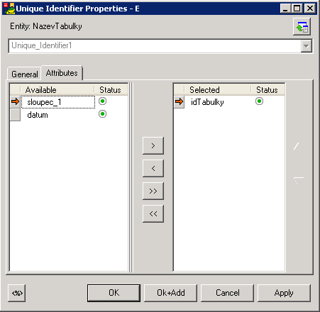 Obrázek 8 - Unikátní identifikátory tabulky logického návrhu. Základním úkolem záložky Unique Identifiers je specifikovat primární klíče dané tabulky. Dále je možné specifikovat i alternativní klíče.