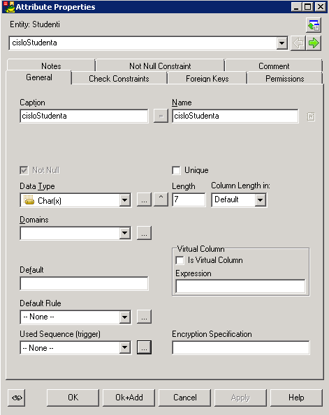 SQL Preview SQL skript s definicí dané relace. Index to Foreign Key Umožňuje specifikovat detaily indexu vytvořeného nad cizím klíčem. Jistých změn doznal i dialog vlastností atributů tabulky.