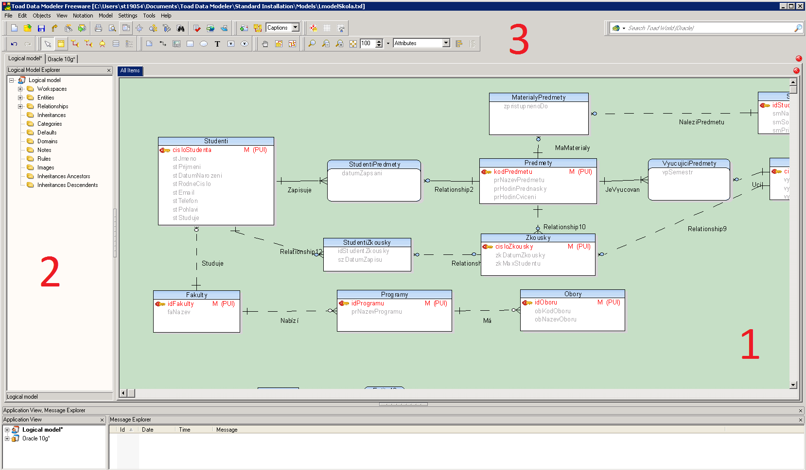 Obrázek 3 - Modelovací nástroj Toad Data Modeler. V podstatě se dá rozdělit na tři základní část: 1. Pracovní plocha (Workspace), do které se tabulky a relace logického modelu umisťují. 2.