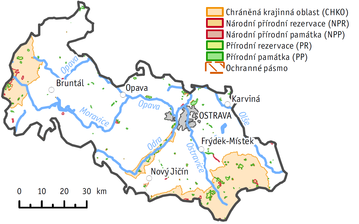 4 Ochrana přírody 4.1 Územní a druhová ochrana přírody Na území Moravskoslezského kraje se v roce 2014 nacházela, nebo do něj zasahovala, tři velkoplošná zvláště chráněná území (Obr. 4.1.1).