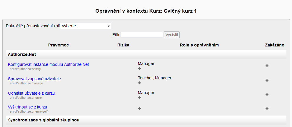 Oprávnění V této volbě lze nastavit pro podřazené role, tedy non-editing teacher (učitel bez možnosti