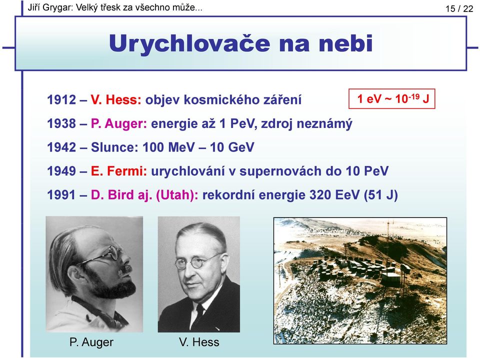 Auger: energie až 1 PeV, zdroj neznámý 1942 Slunce: 100 MeV 10 GeV 1949