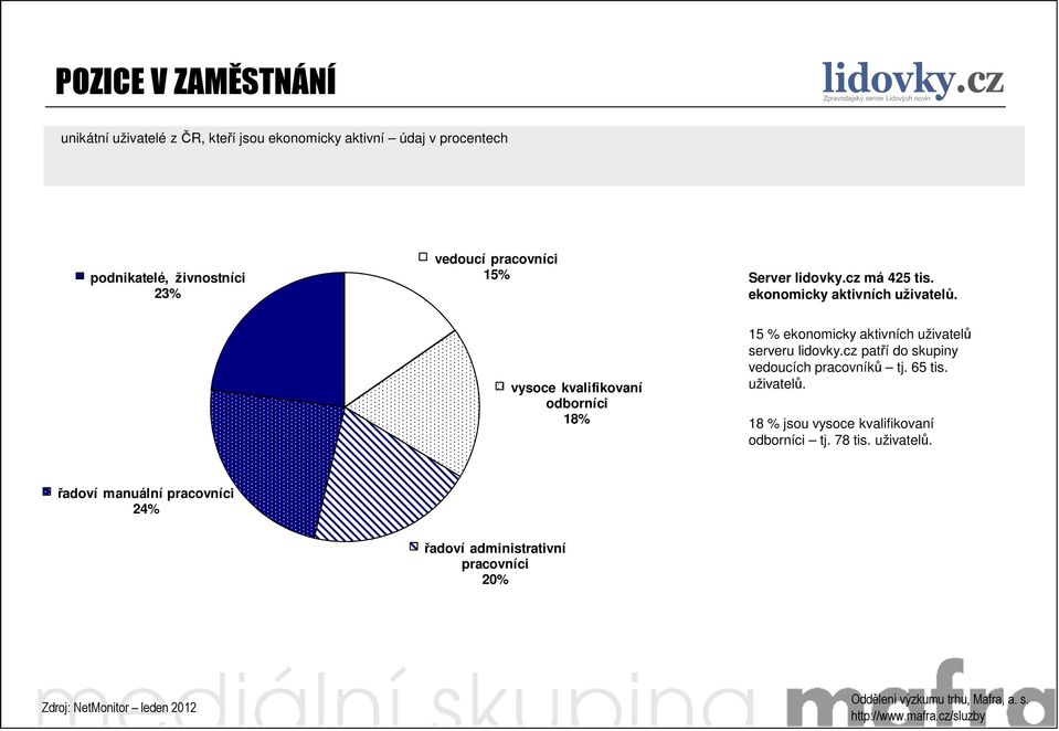 vysoce kvalifikovaní odborníci 18% 15 % ekonomicky aktivních uživatelů serveru patří do skupiny vedoucích pracovníků