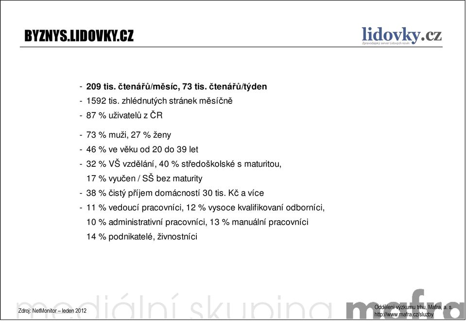 vzdělání, 40 % středoškolské s maturitou, 17 % vyučen / SŠ bez maturity - 38 % čistý příjem domácností 30 tis.