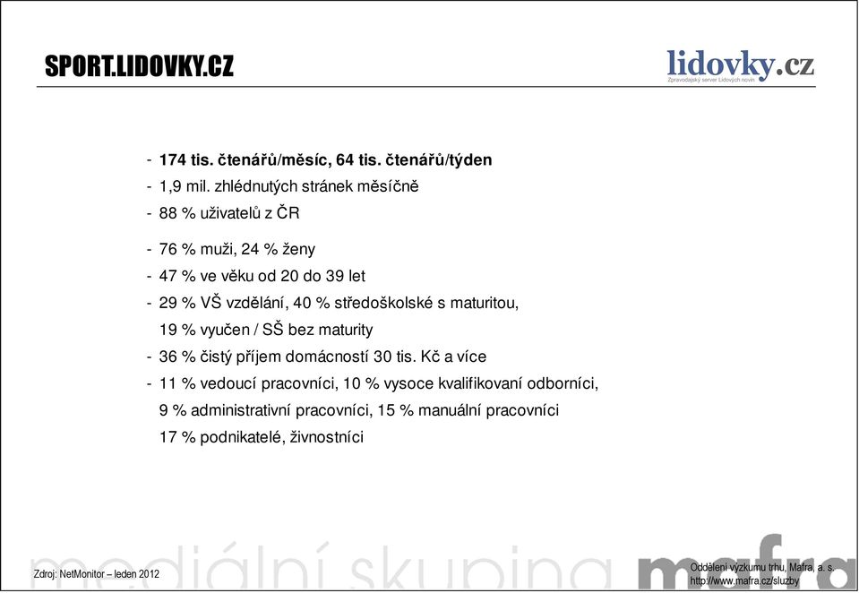 vzdělání, 40 % středoškolské s maturitou, 19 % vyučen / SŠ bez maturity - 36 % čistý příjem domácností 30 tis.