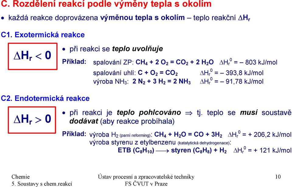 393,8 kj/mol výroba NH 3 : 2 N 2 + 3 H 2 = 2 NH 3 H r 0 = 91,78 kj/mol C2. Endotermická reakce H r > 0 při reakci je teplo pohlcováno tj.