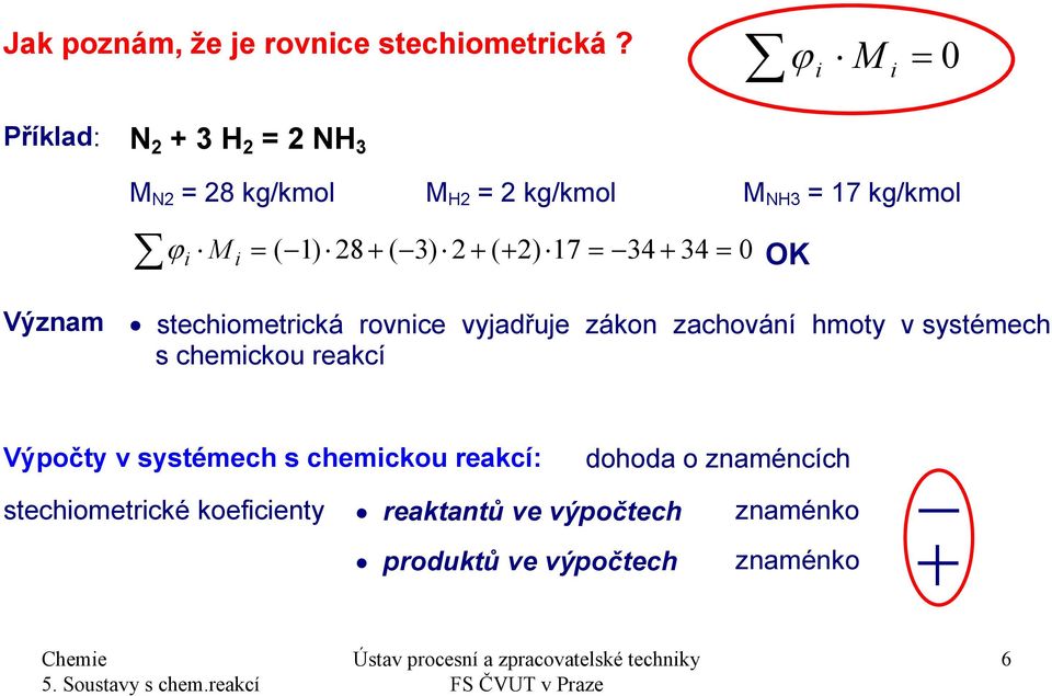 + ( 3) 2 + ( + 2) 17 = 34 + 34 = 0 OK Význam stechiometrická rovnice vyjadřuje zákon zachování hmoty v