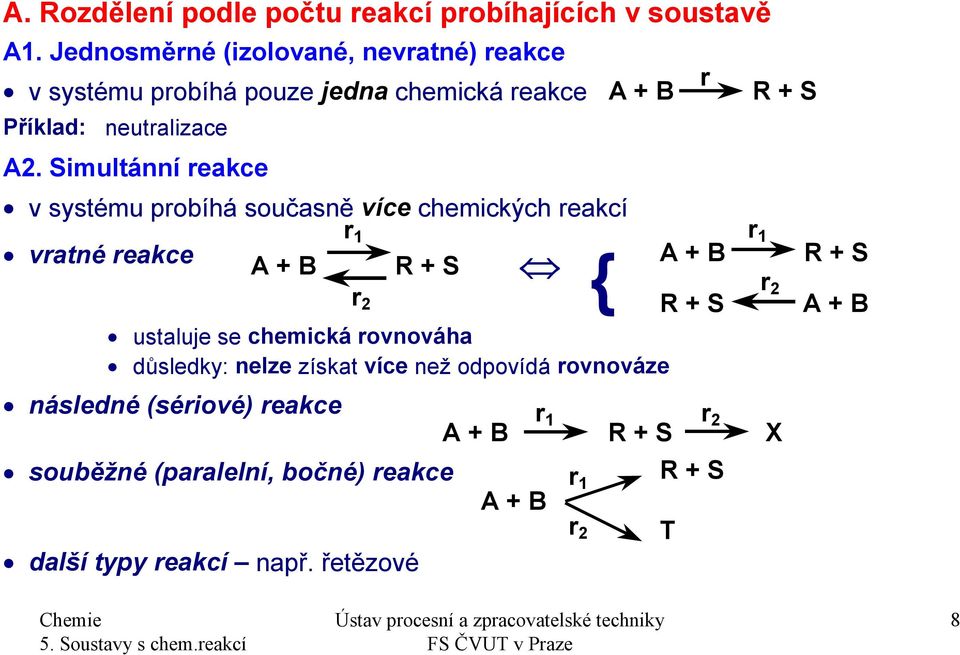 Simultánní reakce v systému probíhá současně více chemických reakcí r 1 r 1 vratné reakce A + B R + S A + B R + S { r r 2 2 R + S A + B