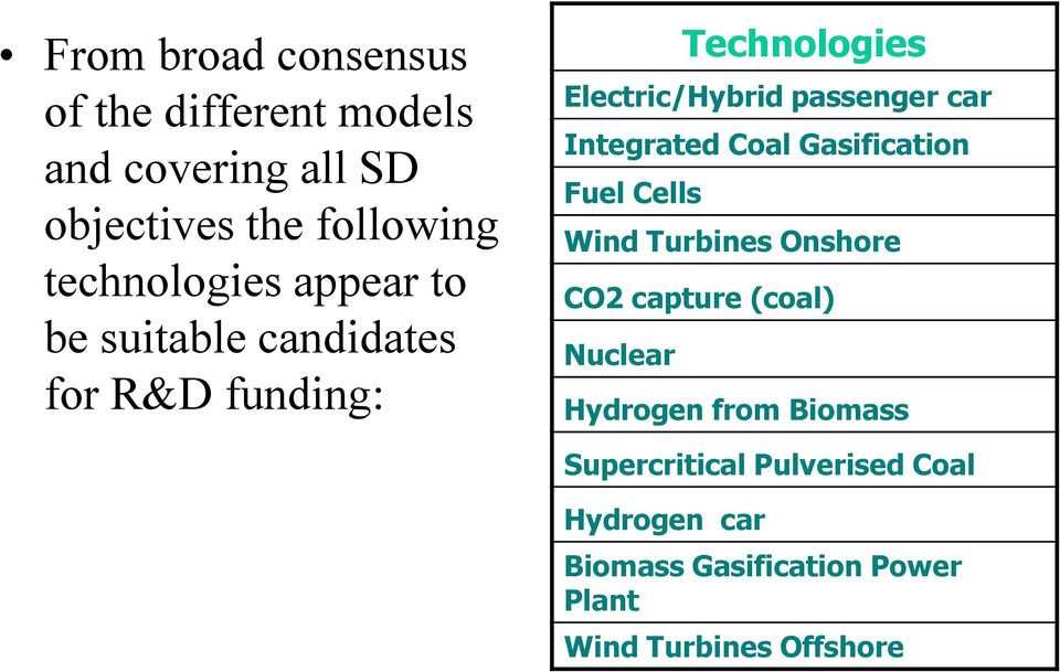car Integrated Coal Gasification Fuel Cells Wind Turbines Onshore CO2 capture (coal) Nuclear Hydrogen