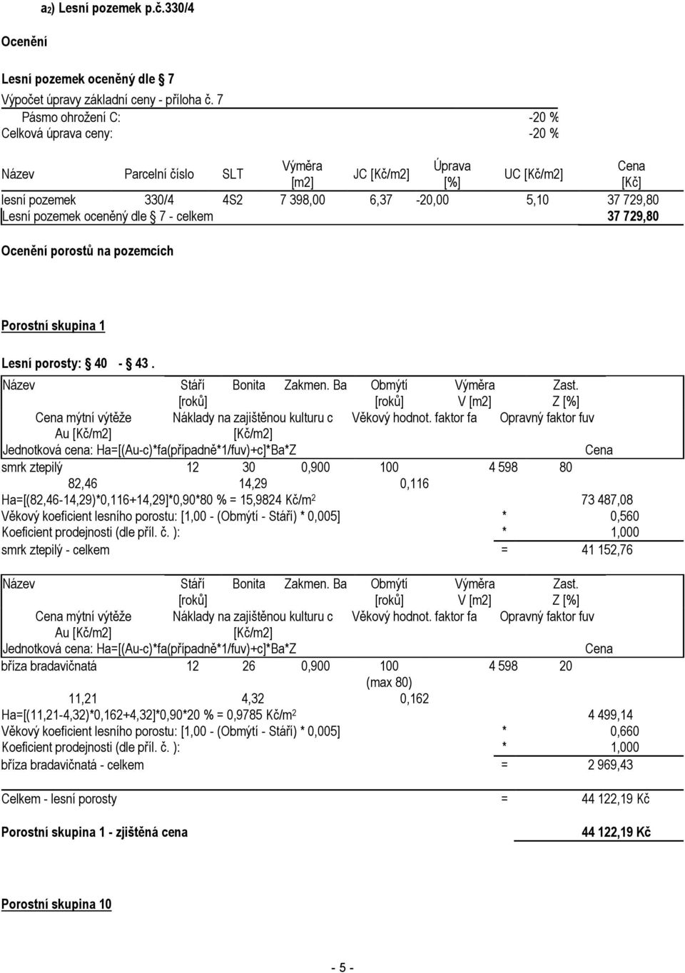 729,80 Ocenění porostů na pozemcích Porostní skupina 1 Lesní porosty: 40-43. mýtní výtěže Náklady na zajištěnou kulturu c Věkový hodnot.