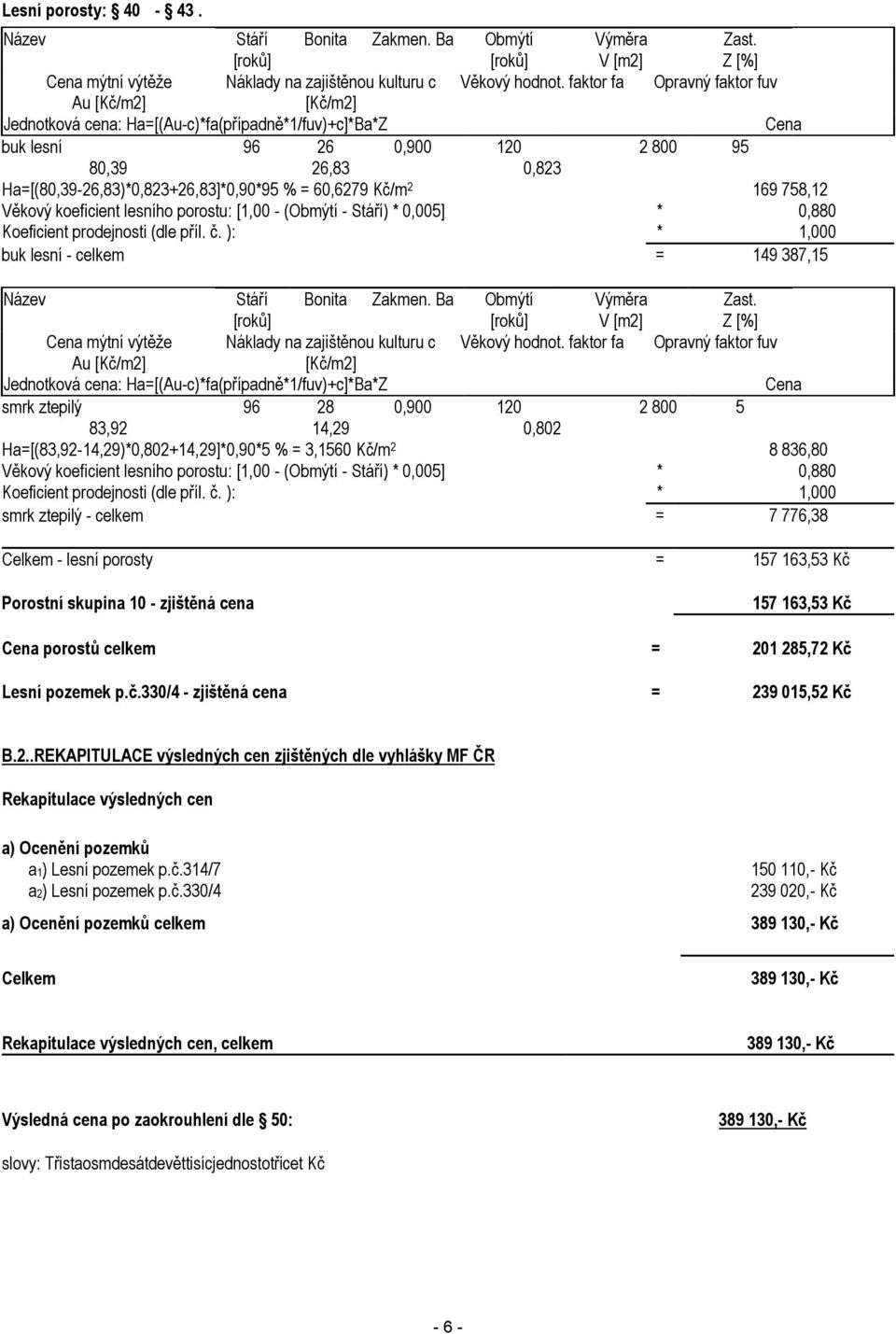 (Obmýtí - ) * 0,005] * 0,880 buk lesní - celkem = 149 387,15 mýtní výtěže Náklady na zajištěnou kulturu c Věkový hodnot.