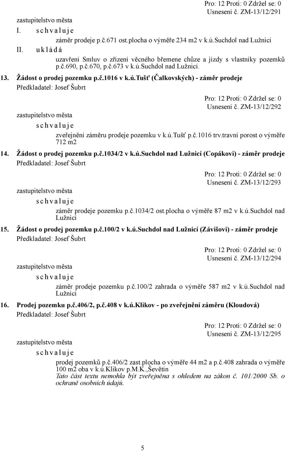 travní porost o výměře 712 m2 14. Žádost o prodej pozemku p.č.1034/2 v k.ú.suchdol nad Lužnicí (Copákovi) - záměr prodeje Usnesení č. ZM-13/12/293 záměr prodeje pozemku p.č.1034/2 ost.