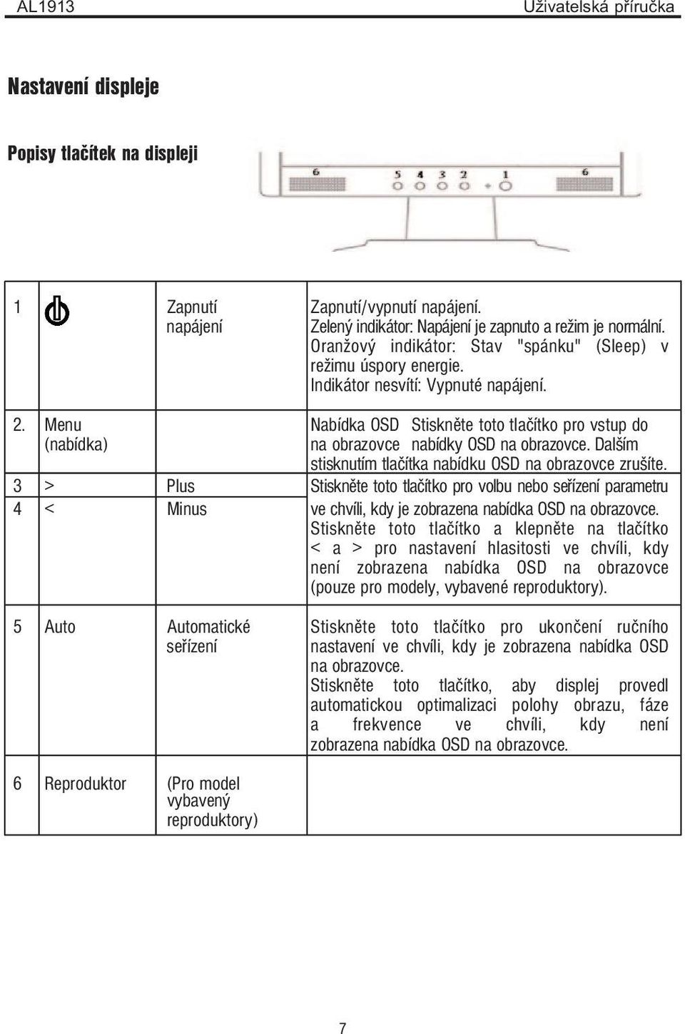 Menu Nabídka OSD Stiskněte toto tlačítko pro vstup do (nabídka) na obrazovce nabídky OSD na obrazovce. Dalším stisknutím tlačítka nabídku OSD na obrazovce zrušíte.