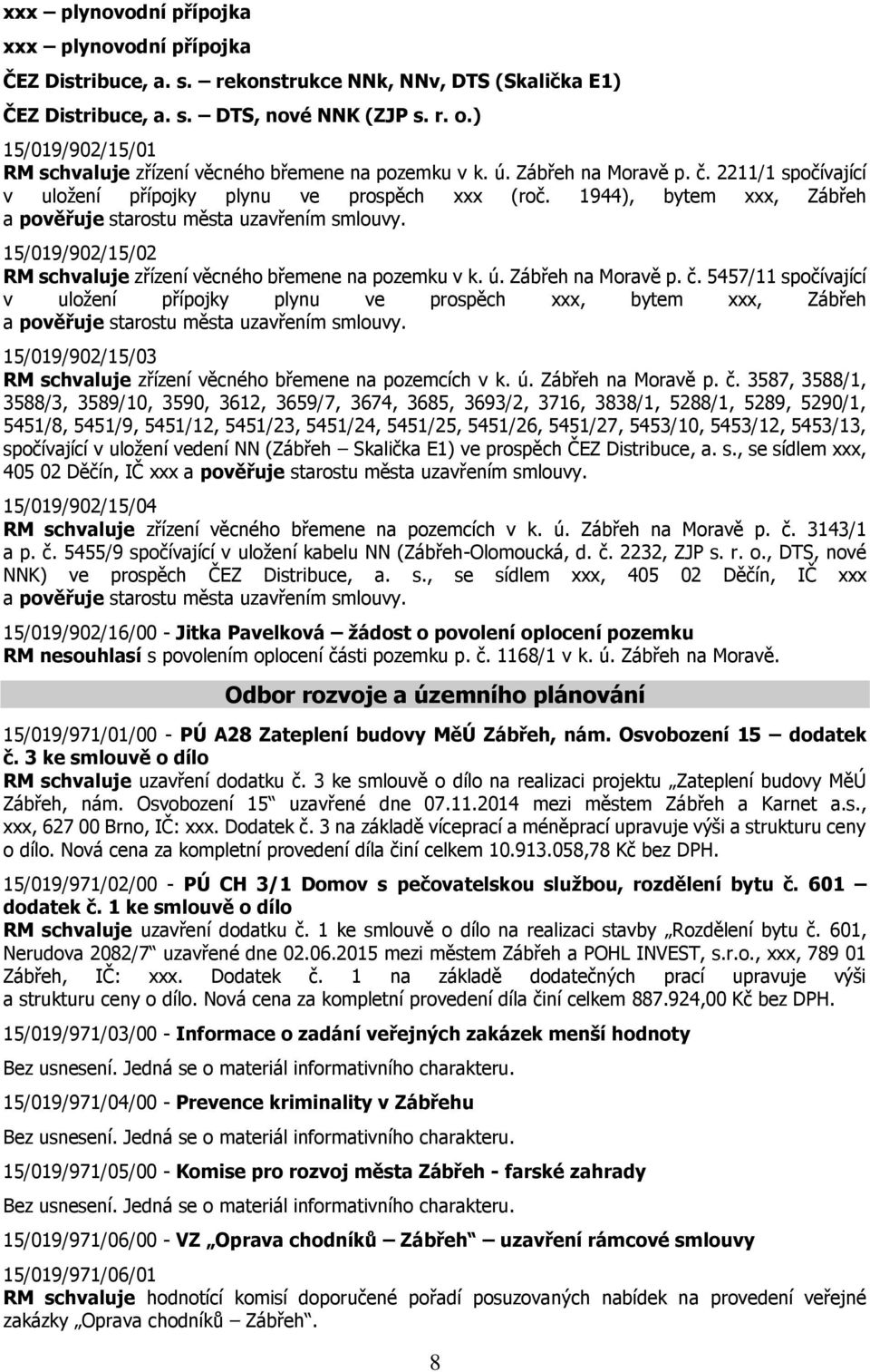 1944), bytem xxx, Zábřeh a pověřuje starostu města uzavřením smlouvy. 15/019/902/15/02 RM schvaluje zřízení věcného břemene na pozemku v k. ú. Zábřeh na Moravě p. č.