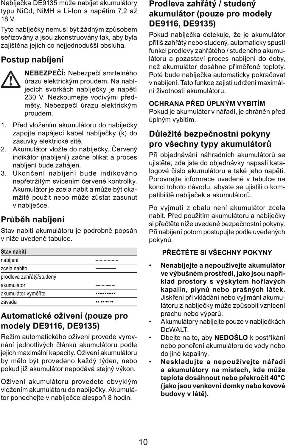 Postup nabíjení NEBEZPEČÍ: Nebezpečí smrtelného úrazu elektrickým proudem. Na nabíjecích svorkách nabíječky je napětí 230 V. Nezkoumejte vodivými předměty. Nebezpečí úrazu elektrickým proudem. 1.