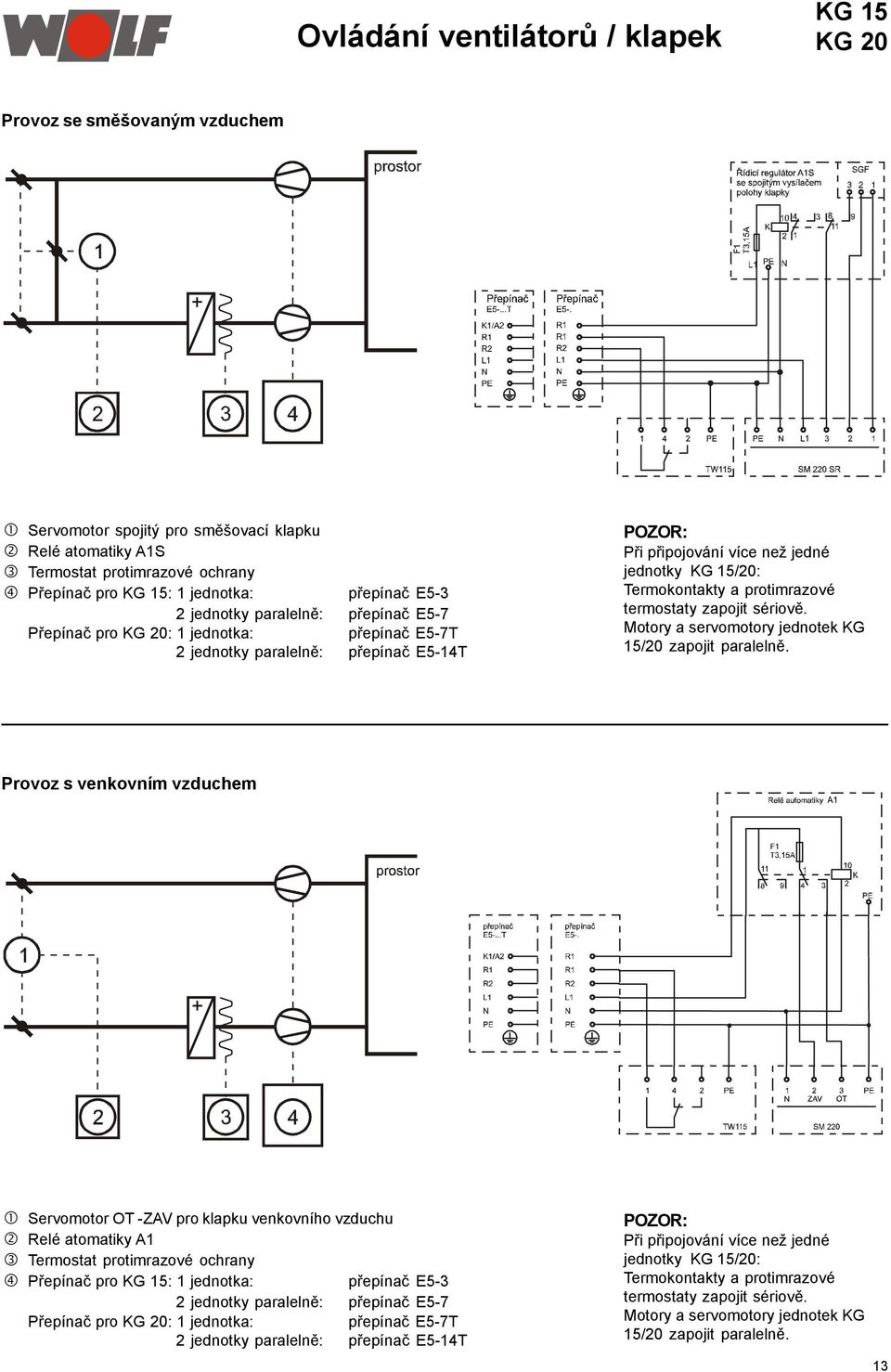15/20: Termokontakty a protimrazové termostaty zapojit sériově. Motory a servomotory jednotek KG 15/20 zapojit paralelně.
