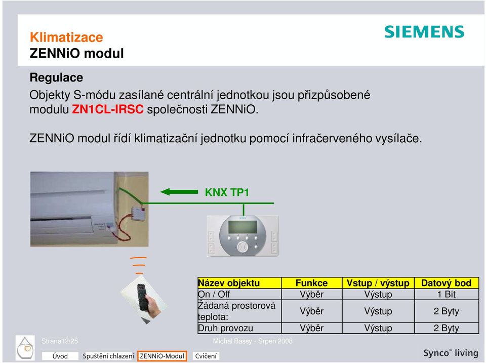 KNX TP1 Strana12/25 Michal Bassy - Srpen 2008 Název objektu Funkce Vstup / výstup Datový