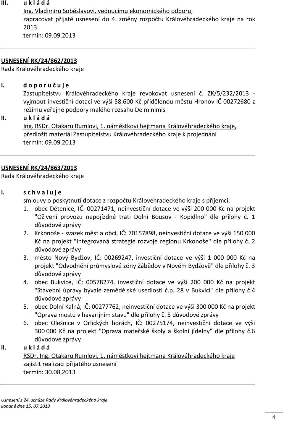 600 Kč přidělenou městu Hronov IČ 00272680 z režimu veřejné podpory malého rozsahu De minimis Ing. RSDr. Otakaru Rumlovi, 1.