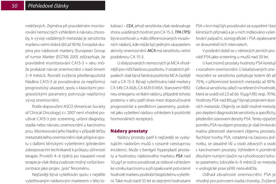 Rovněž zvýšená předteraputická hladina CA15-3 je považována za nepříznivý prognostický ukazatel, spolu s klasickými prognostickými parametry potvrzuje nepříznivý vývoj onemocnění.