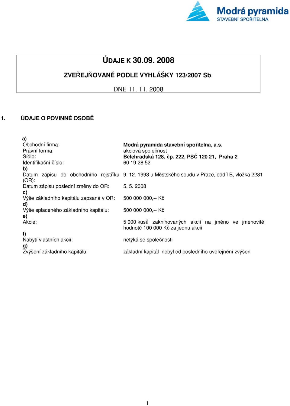 5. 2008 c) Výše základního kapitálu zapsaná v OR: 500 000 000,-- Kč d) Výše splaceného základního kapitálu: e) Akcie: f) Nabytí vlastních akcií: g) Zvýšení základního kapitálu: 500 000 000,-- Kč 5