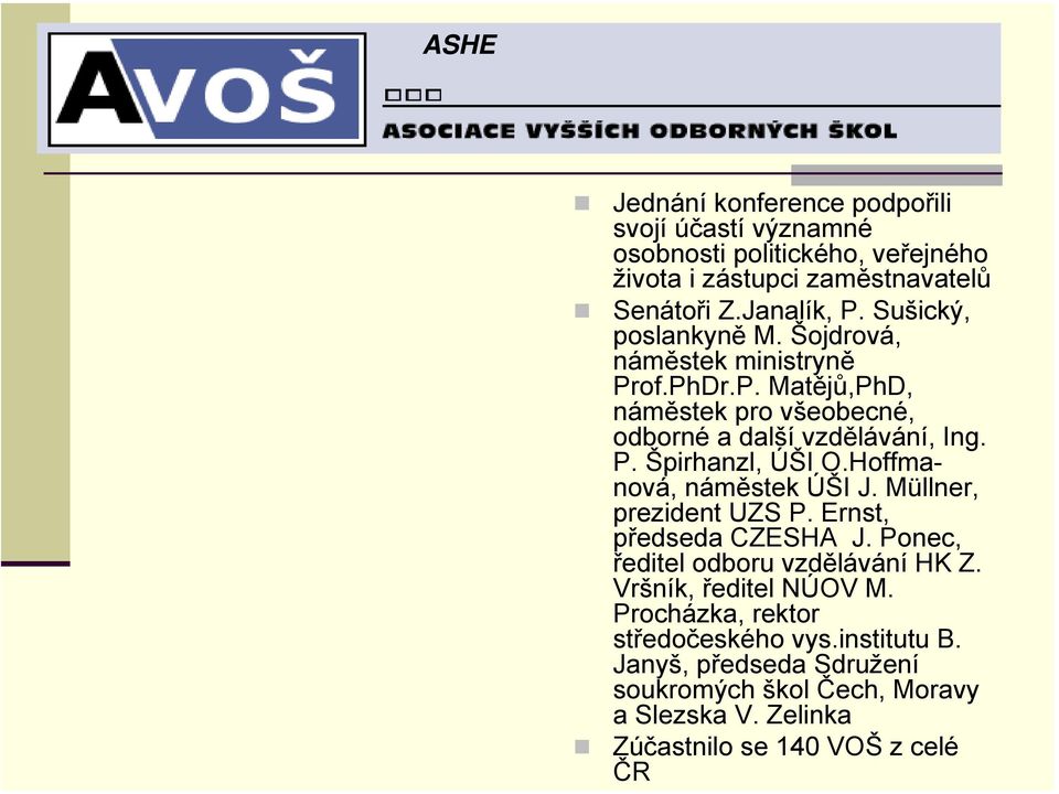 Hoffmanová, náměstek ÚŠI J. Müllner, prezident UZS P. Ernst, předseda CZESHA J. Ponec, ředitel odboru vzdělávání HK Z. Vršník, ředitel NÚOV M.