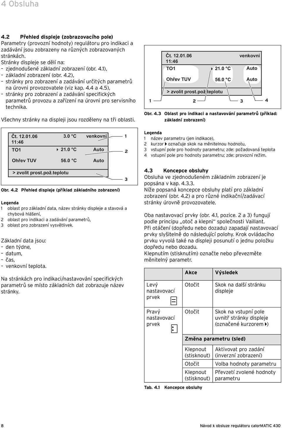 5), stránky pro zobrazení a zadávání specifických parametrů provozu a zařízení na úrovni pro servisního technika. Všechny stránky na displeji jsou rozděleny na tři oblasti. Čt. 12.01.06 11:46 TO1 21.