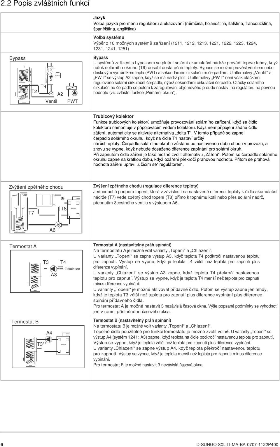 tehdy, když nátok solárního okruhu (T9) dosáhl dostatečné teploty. Bypass se možné provést ventilem nebo deskovým výměníkem tepla (PWT) a sekundárním cirkulačním čerpadlem.