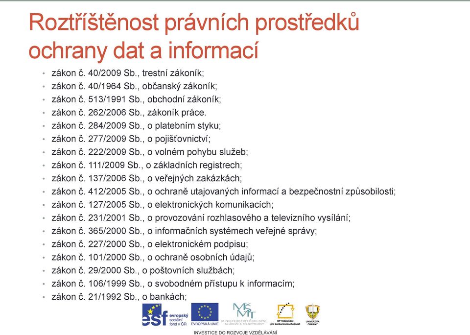 , o základních registrech; zákon č. 137/2006 Sb., o veřejných zakázkách; zákon č. 412/2005 Sb., o ochraně utajovaných informací a bezpečnostní způsobilosti; zákon č. 127/2005 Sb.