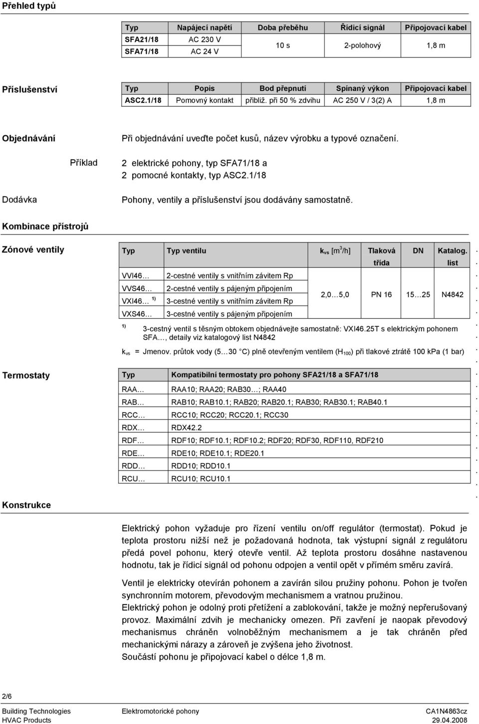 a 2 pomocné kontakty, typ ASC21/18 Dodávka Pohony, ventily a příslušenství jsou dodávány samostatně Kombinace přístrojů Zónové ventily Termostaty Konstrukce Typ Typ ventilu k vs [m 3 /h] Tlaková
