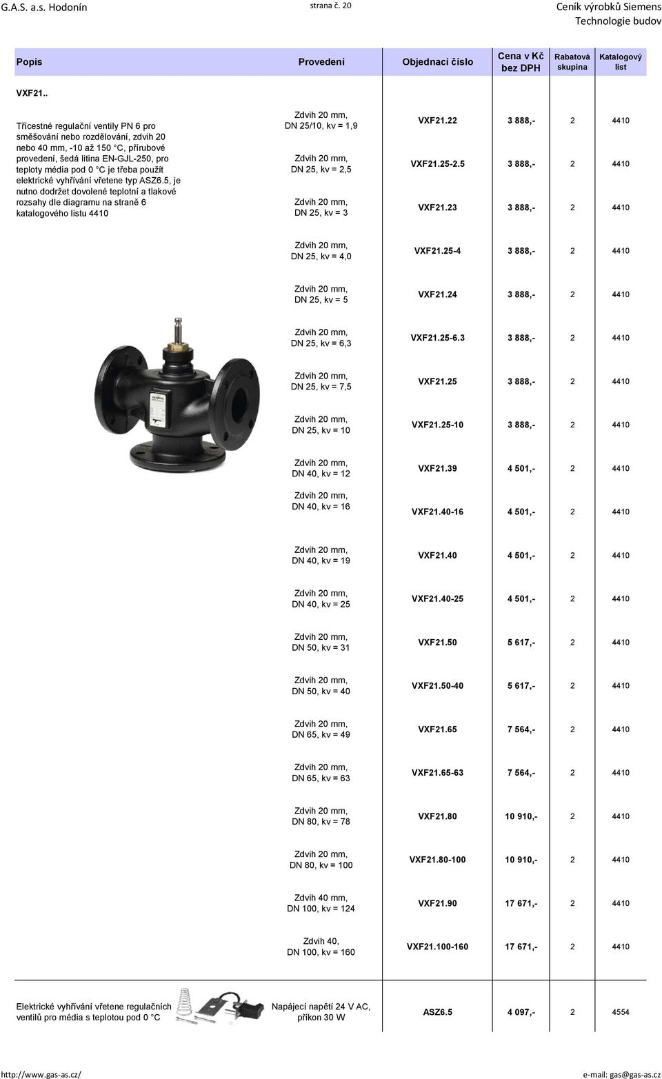 vyhřívání vřetene typ ASZ6.5, je nutno dodržet dovolené teplotní a tlakové rozsahy dle diagramu na straně 6 katalogového u 4410 DN 25/10, kv = 1,9 DN 25, kv = 2,5 DN 25, kv = 3 VXF21.