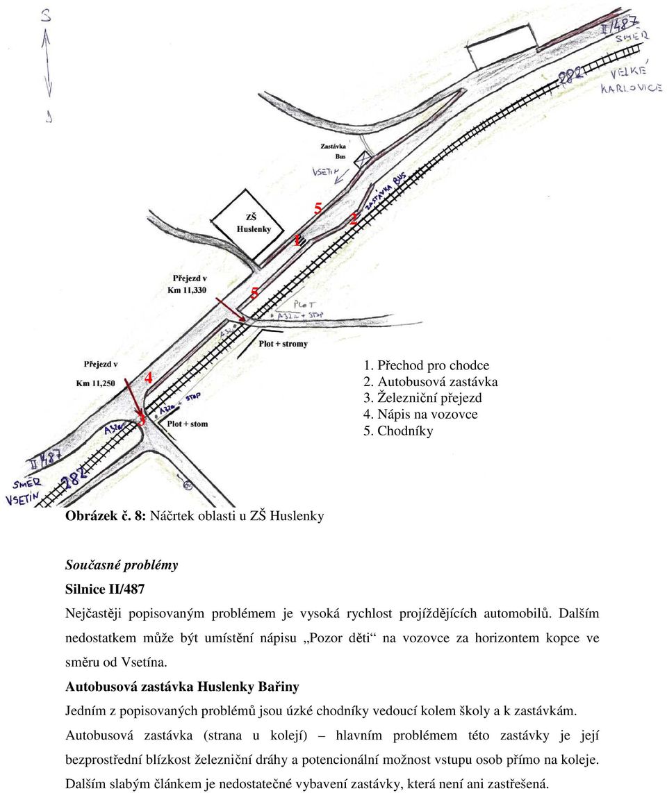 Dalším nedostatkem může být umístění nápisu Pozor děti na vozovce za horizontem kopce ve směru od Vsetína.