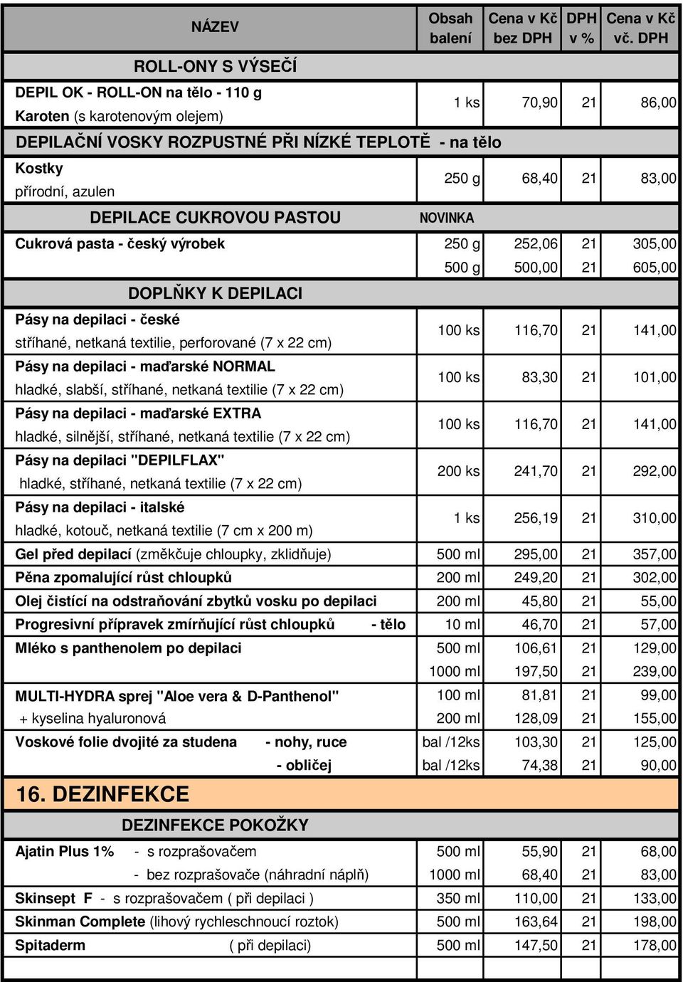 116,70 141,00 Pásy na depilaci - maďarské NORMAL 100 ks 83,30 hladké, slabší, stříhané, netkaná textilie (7 x 22 cm) Pásy na depilaci - maďarské EXTRA 100 ks 116,70 hladké, silnější, stříhané,