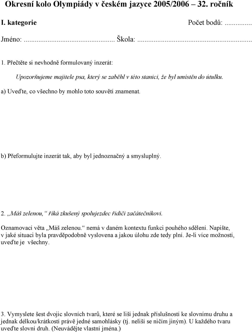 b) Přeformulujte inzerát tak, aby byl jednoznačný a smysluplný. 2. Máš zelenou, říká zkušený spolujezdec řidiči začátečníkovi. Oznamovací věta Máš zelenou.