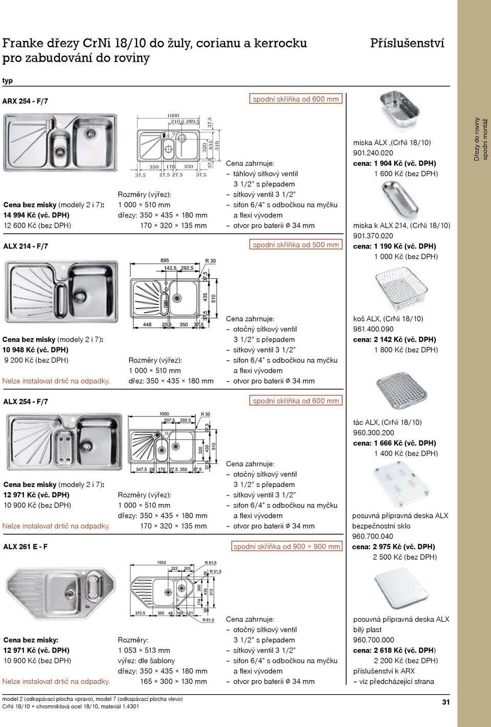 mm miska ALX, 901.40.00 miska k ALX 14, 901.30.00 Dřezy do roviny spodní montáž Cena bez misky (modely i ): 10 948 Kč (vč. DPH) 9 00 Kč (bez DPH) Nelze instalovat drtič na odpadky.