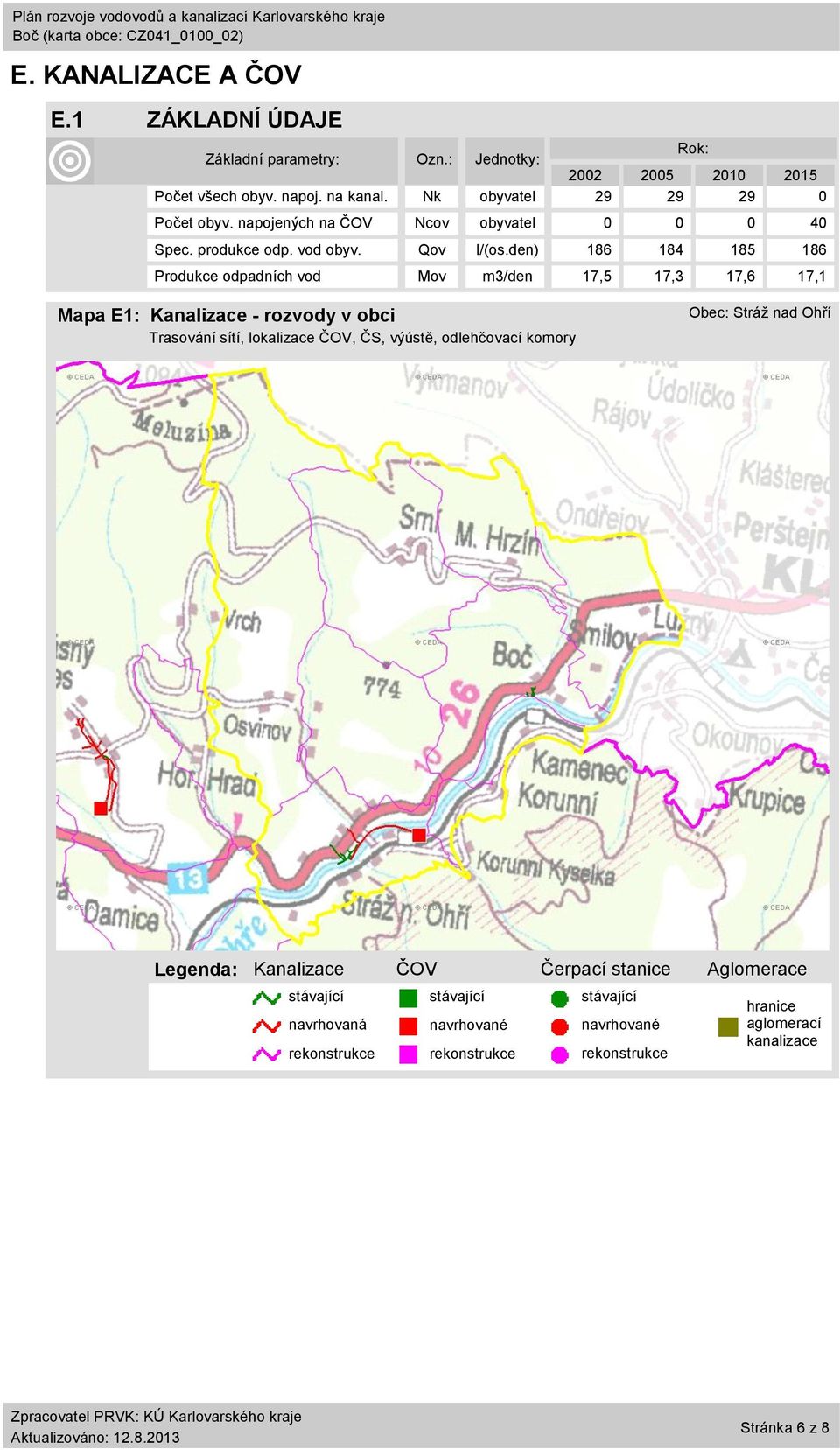 den) 186 184 185 186 Produkce odpadních vod Mov m3/den 17,5 17,3 17,6 17,1 Mapa E1: Kanalizace - rozvody v obci Trasování sítí, lokalizace ČOV, ČS,