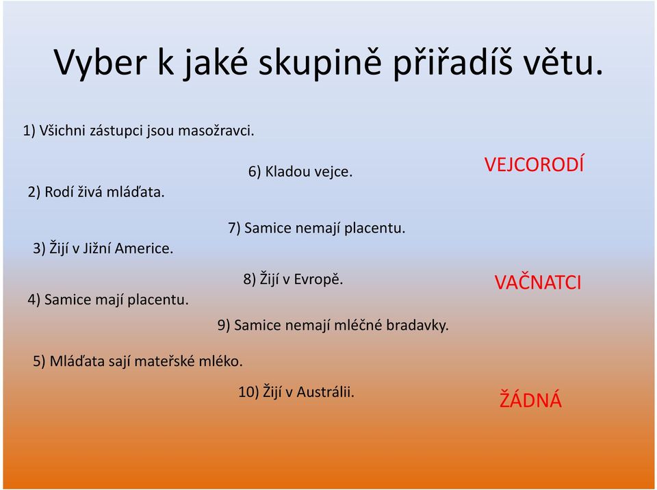 4) Samice mají placentu. 7) Samice nemají placentu. 8) Žijí v Evropě.