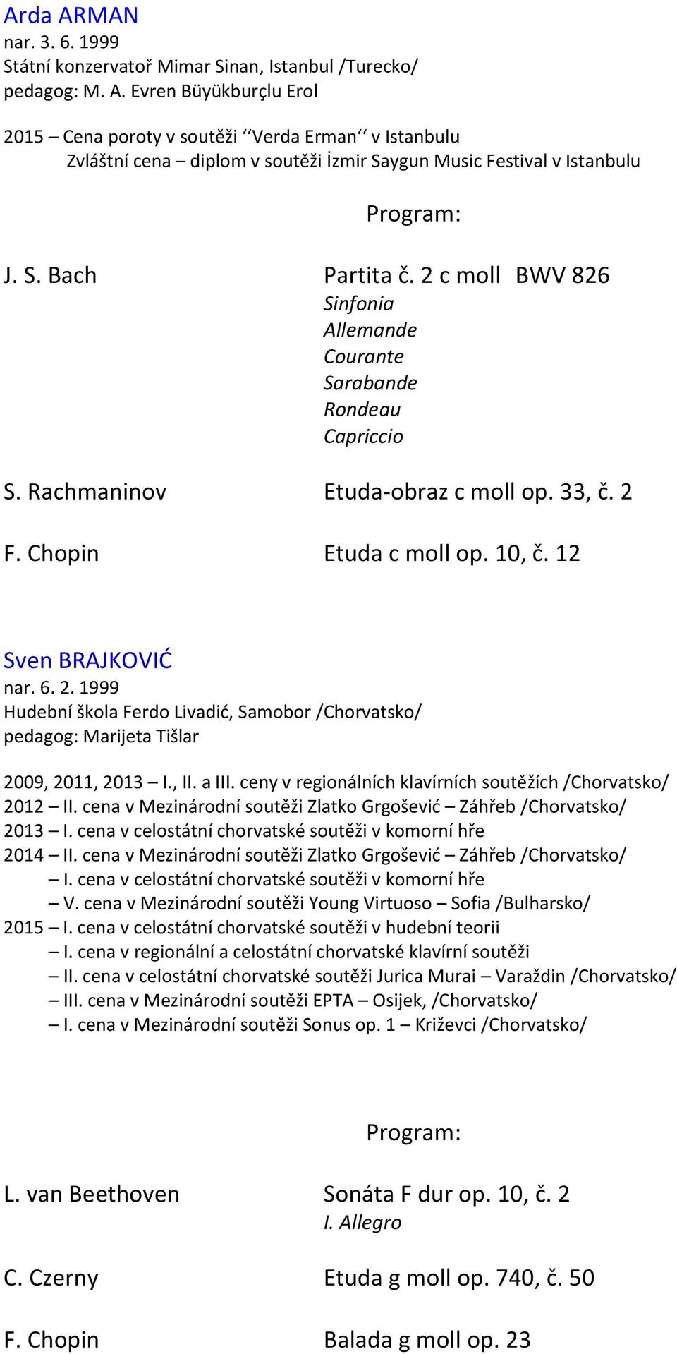 2. 1999 Hudební škola Ferdo Livadić, Samobor /Chorvatsko/ pedagog: Marijeta Tišlar 2009, 2011, 2013 I., II. a III. ceny v regionálních klavírních soutěžích /Chorvatsko/ 2012 II.