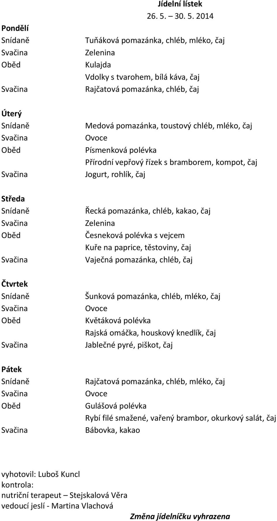 2014 Kulajda Vdolky s tvarohem, bílá káva, čaj Medová pomazánka, toustový chléb, mléko, čaj Písmenková polévka Přírodní vepřový řízek s