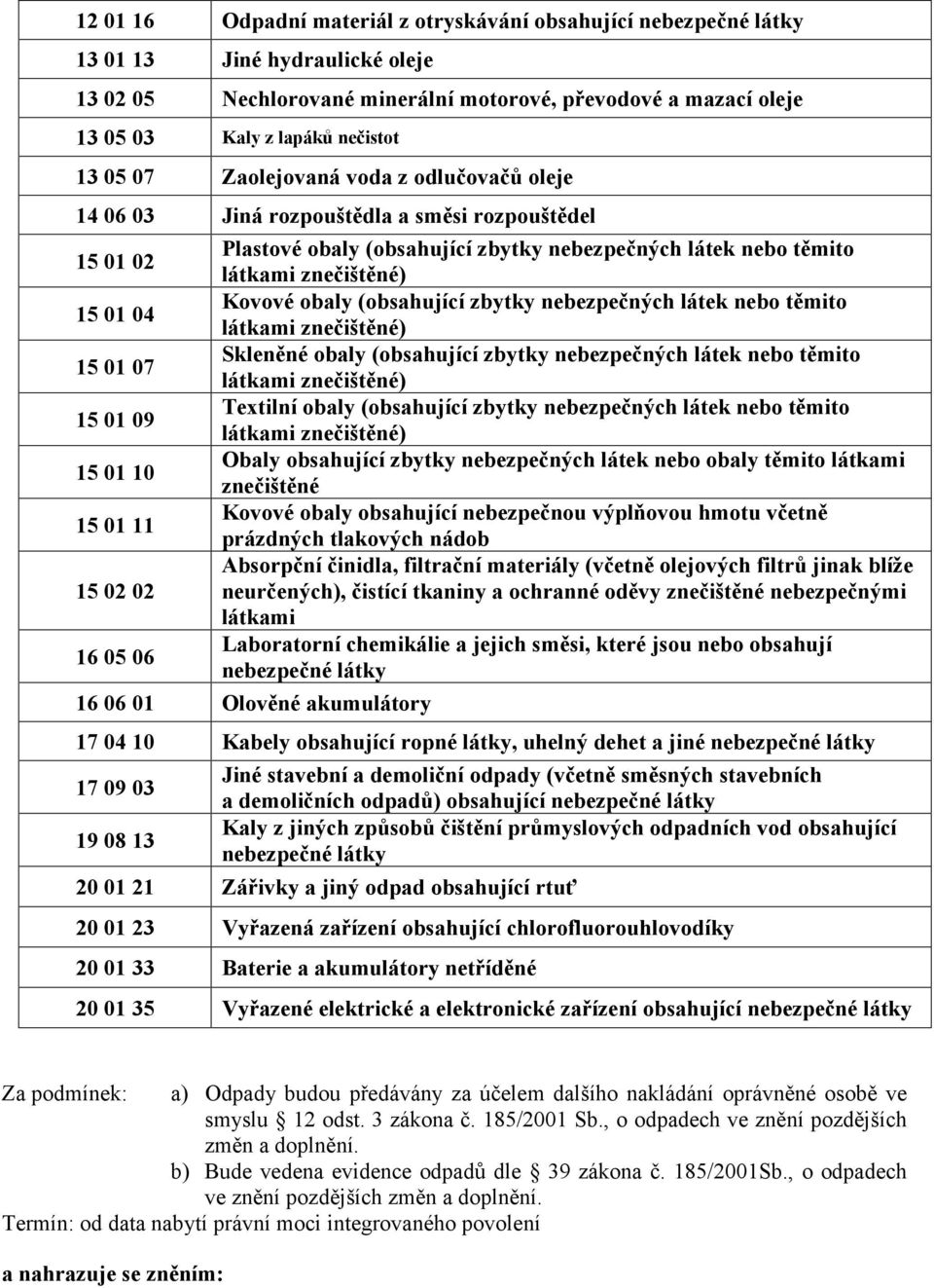 nebezpečných látek nebo těmito Kovové obaly (obsahující zbytky nebezpečných látek nebo těmito Skleněné obaly (obsahující zbytky nebezpečných látek nebo těmito Textilní obaly (obsahující zbytky