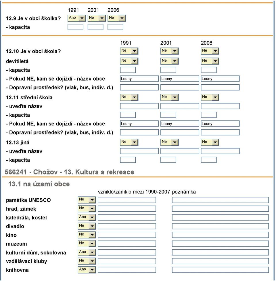 11 střední škola - uveďte název - kapacita - Pokud NE, kam se dojíždí - název obce - Dopravní prostředek? (vlak, bus, indiv. d.) 12.