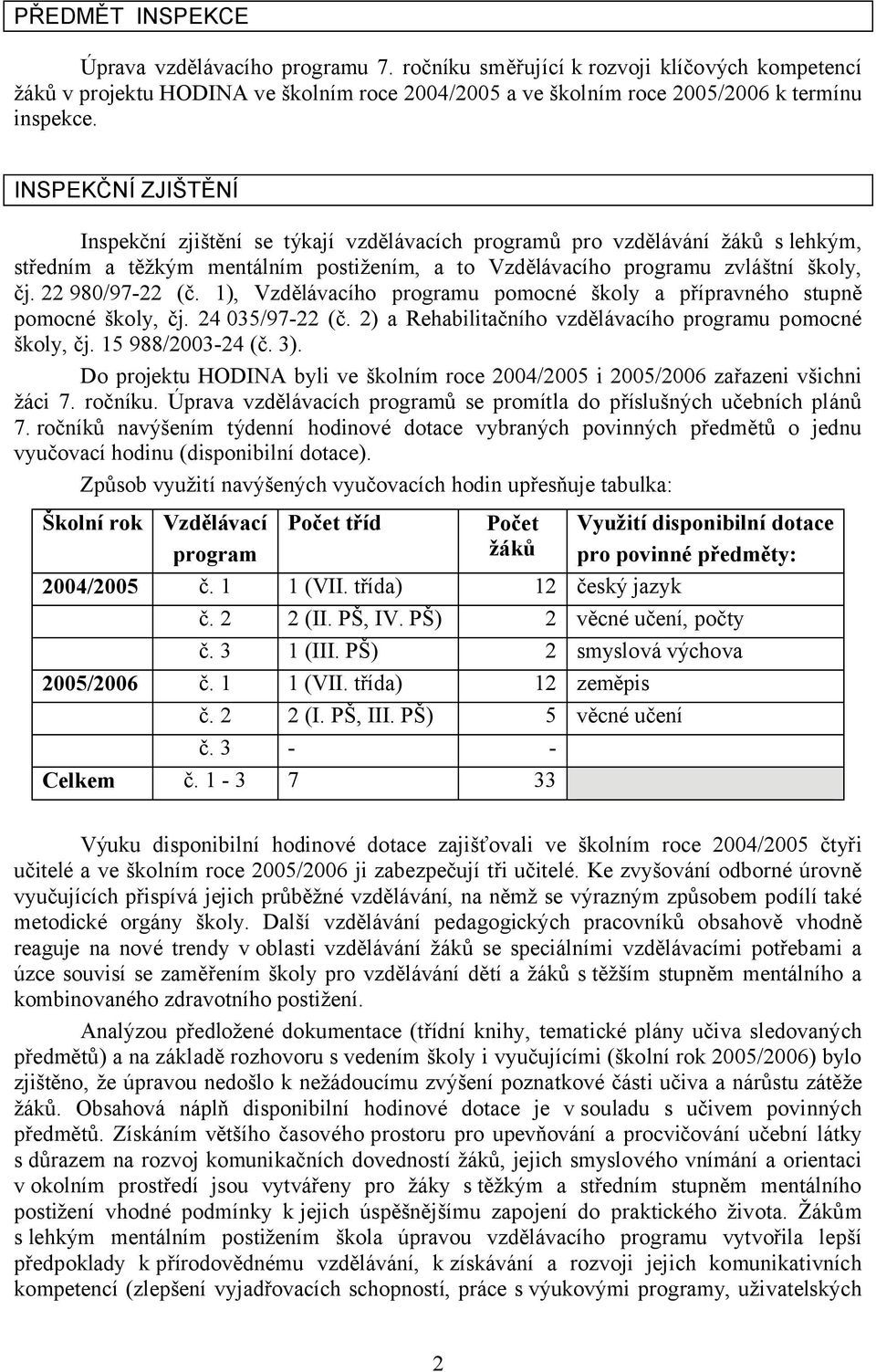 22 980/97-22 (č. 1), Vzdělávacího programu pomocné školy a přípravného stupně pomocné školy, čj. 24 035/97-22 (č. 2) a Rehabilitačního vzdělávacího programu pomocné školy, čj. 15 988/2003-24 (č. 3).