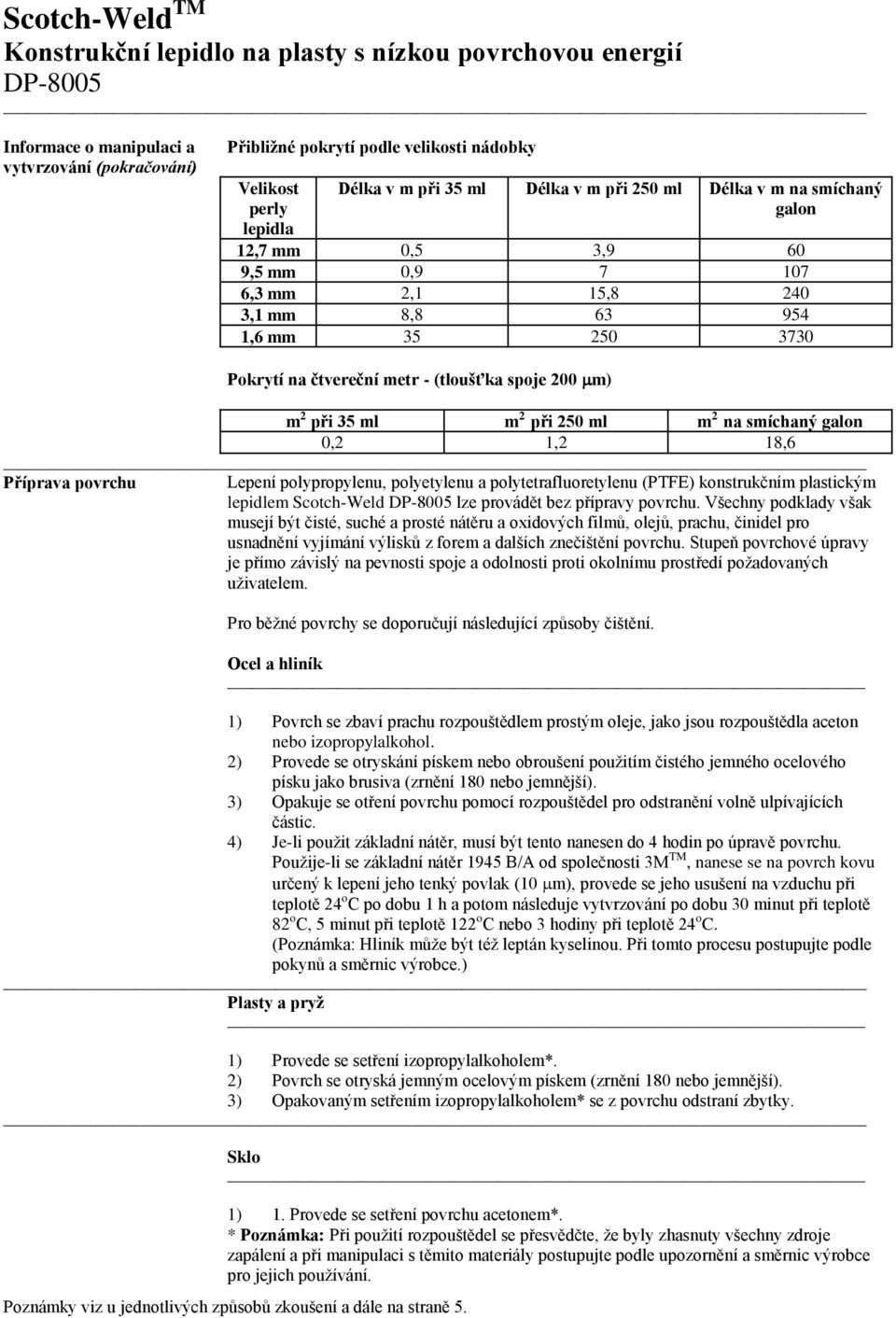 Příprava povrchu Lepení polypropylenu, polyetylenu a polytetrafluoretylenu (PTFE) konstrukčním plastickým lepidlem Scotch-Weld lze provádět bez přípravy povrchu.