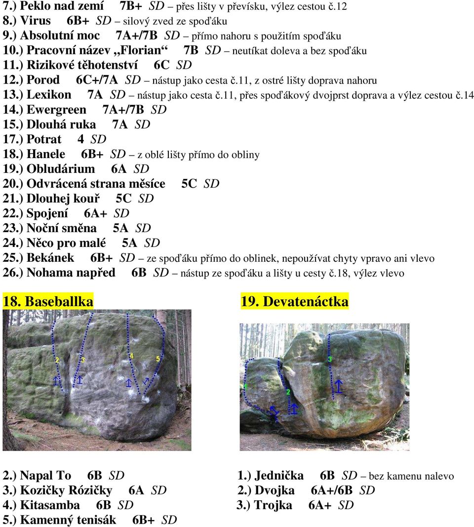 ) Lexikon 7A SD nástup jako cesta č.11, přes spoďákový dvojprst doprava a výlez cestou č.14 14.) Ewergreen 7A+/7B SD 15.) Dlouhá ruka 7A SD 17.) Potrat 4 SD 18.