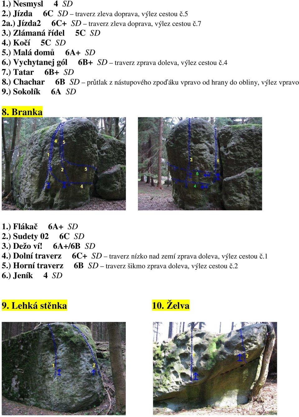 ) Chachar 6B SD průtlak z nástupového zpoďáku vpravo od hrany do obliny, výlez vpravo 9.) Sokolík 6A SD 8. Branka 1.) Flákač 6A+ SD 2.) Sudety 02 6C SD 3.