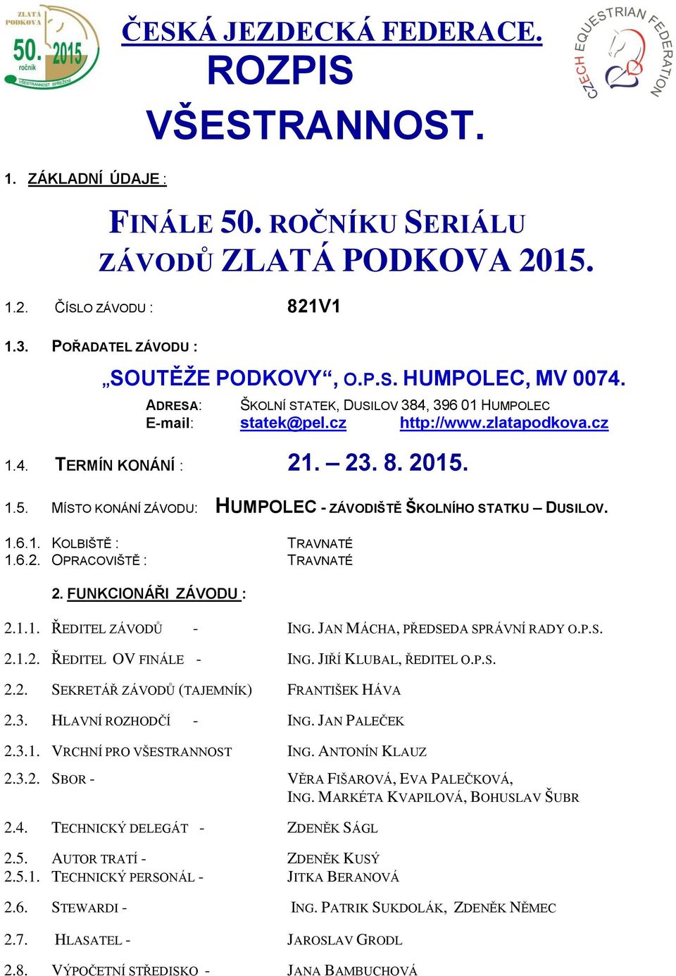 1.5. MÍSTO KONÁNÍ ZÁVODU: HUMPOLEC - ZÁVODIŠTĚ ŠKOLNÍHO STATKU DUSILOV. 1.6.1. KOLBIŠTĚ : TRAVNATÉ 1.6.2. OPRACOVIŠTĚ : TRAVNATÉ 2. FUNKCIONÁŘI ZÁVODU : 2.1.1. ŘEDITEL ZÁVODŮ - ING.