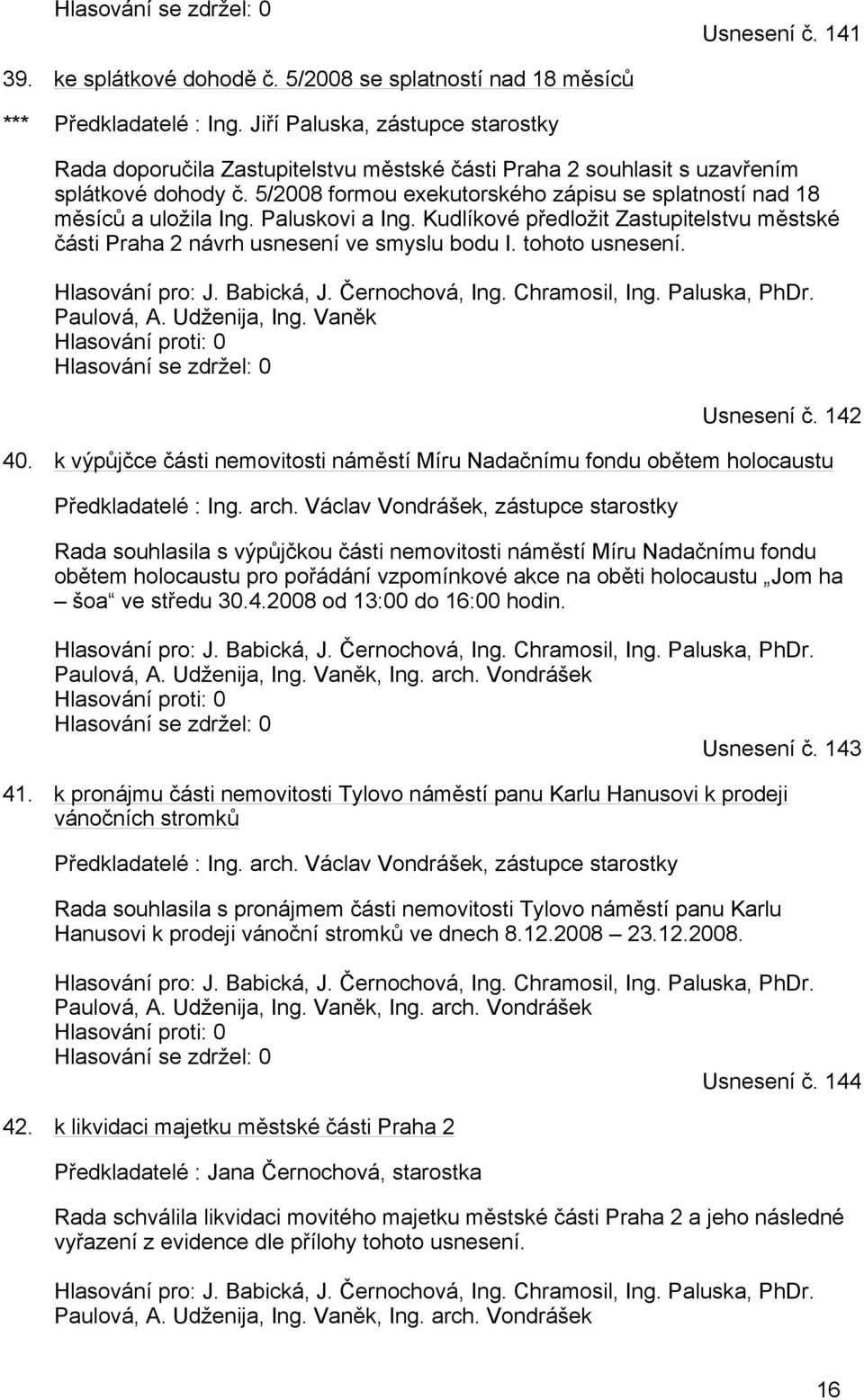 5/2008 formou exekutorského zápisu se splatností nad 18 měsíců a uložila Ing. Paluskovi a Ing. Kudlíkové předložit Zastupitelstvu městské části Praha 2 návrh usnesení ve smyslu bodu I.