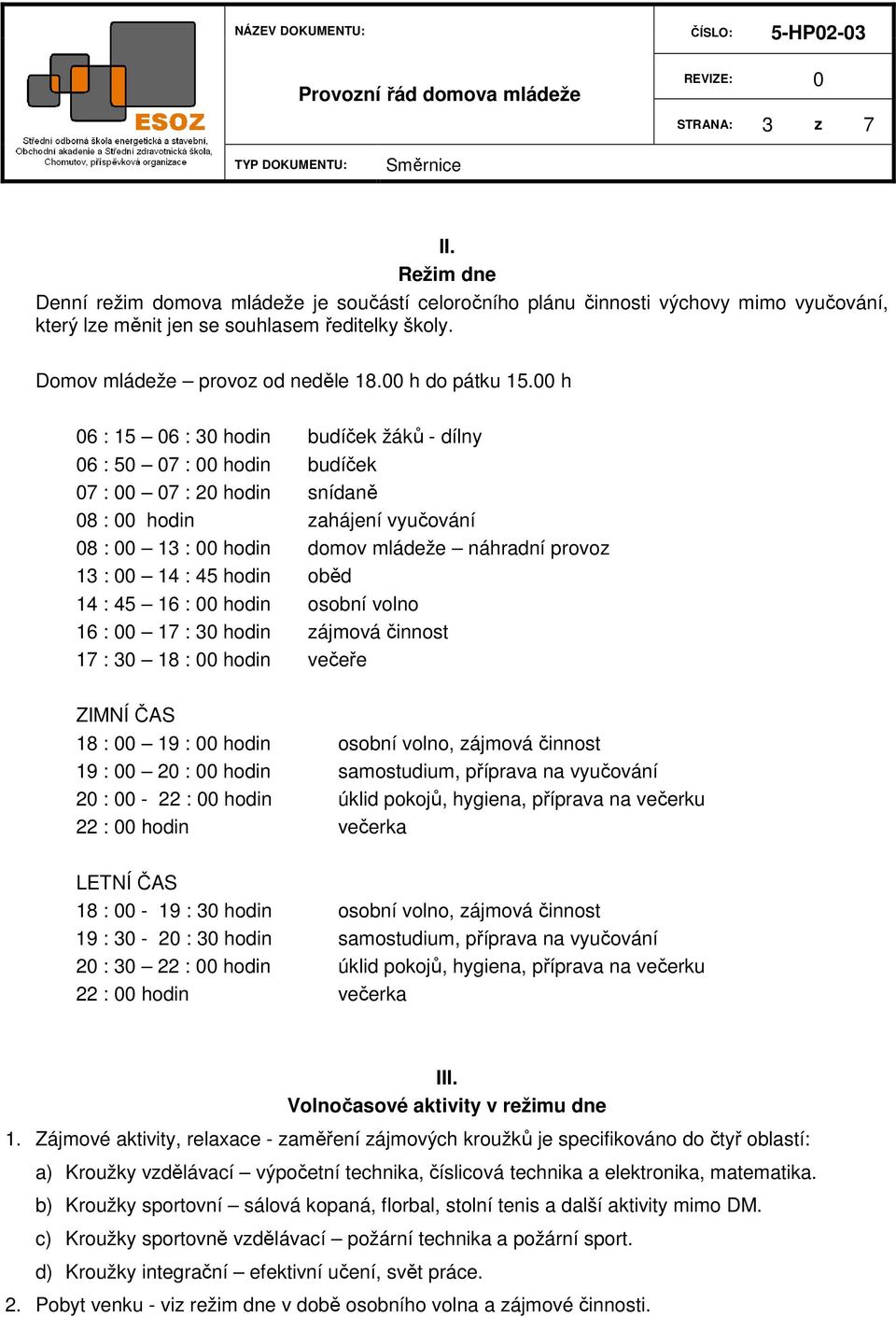 00 h 06 : 15 06 : 30 hodin budíček žáků - dílny 06 : 50 07 : 00 hodin budíček 07 : 00 07 : 20 hodin snídaně 08 : 00 hodin zahájení vyučování 08 : 00 13 : 00 hodin domov mládeže náhradní provoz 13 :