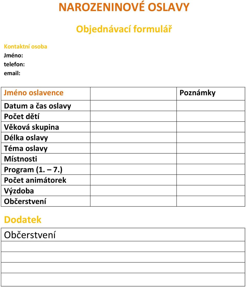 Věková skupina Délka oslavy Téma oslavy Místnosti Program (1. 7.