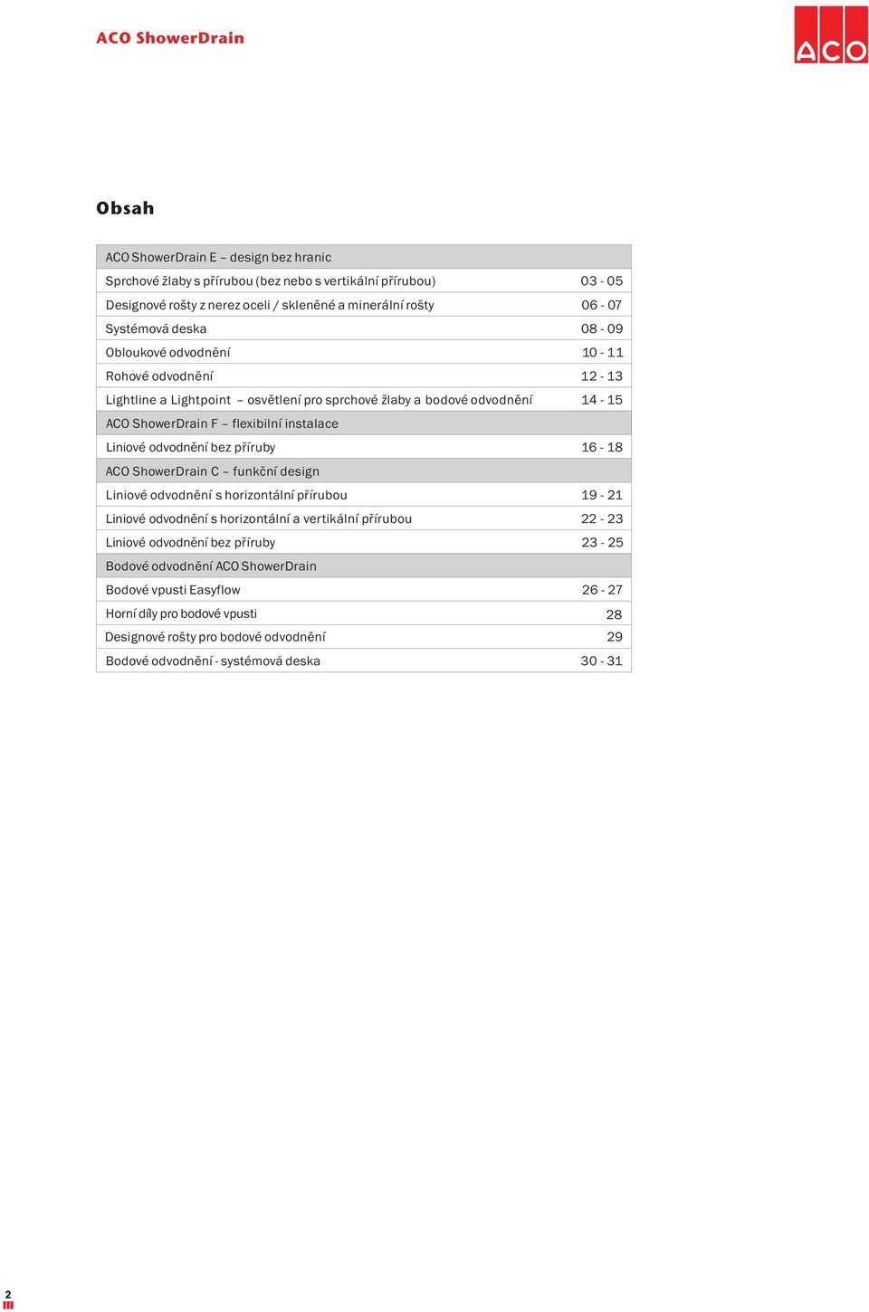 Liniové odvodnění bez příruby 16-18 ACO ShowerDrain C funkční design Liniové odvodnění s horizontální přírubou 19-21 Liniové odvodnění s horizontální a vertikální přírubou 22-23 Liniové